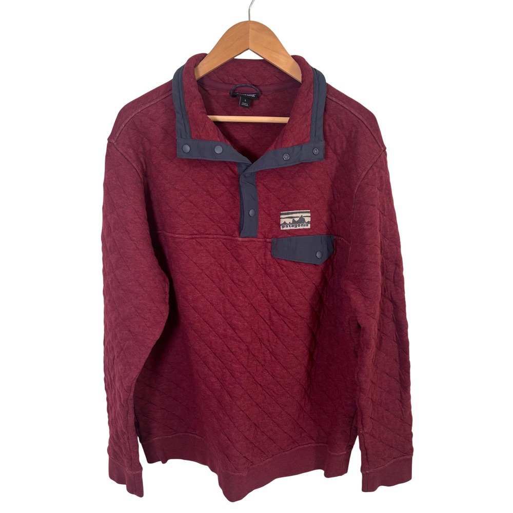 Patagonia Mens Pullover Sz L Burgundy Quilted Snap T Sweater Shirt Organic Cotto - Picture 2 of 10